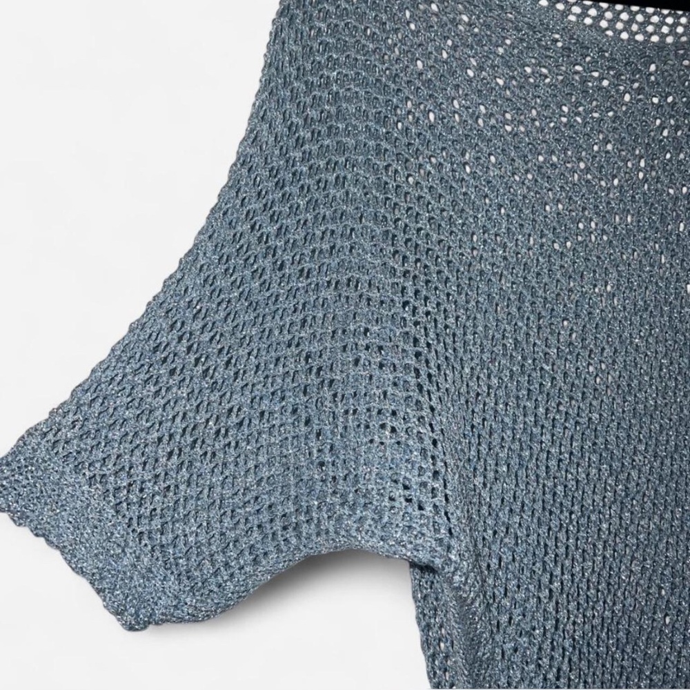 Light Blue Metallic Open-Knit Top Made in Italy Viscose Coastal Quiet Luxury - Picture 4 of 6